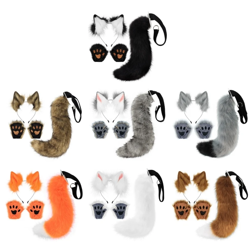 

Fox Costume Set Fox Ears Tail Gloves Animal Fancy Costume Kit Accessories for Adults-Kids Halloween Cosplay-Props