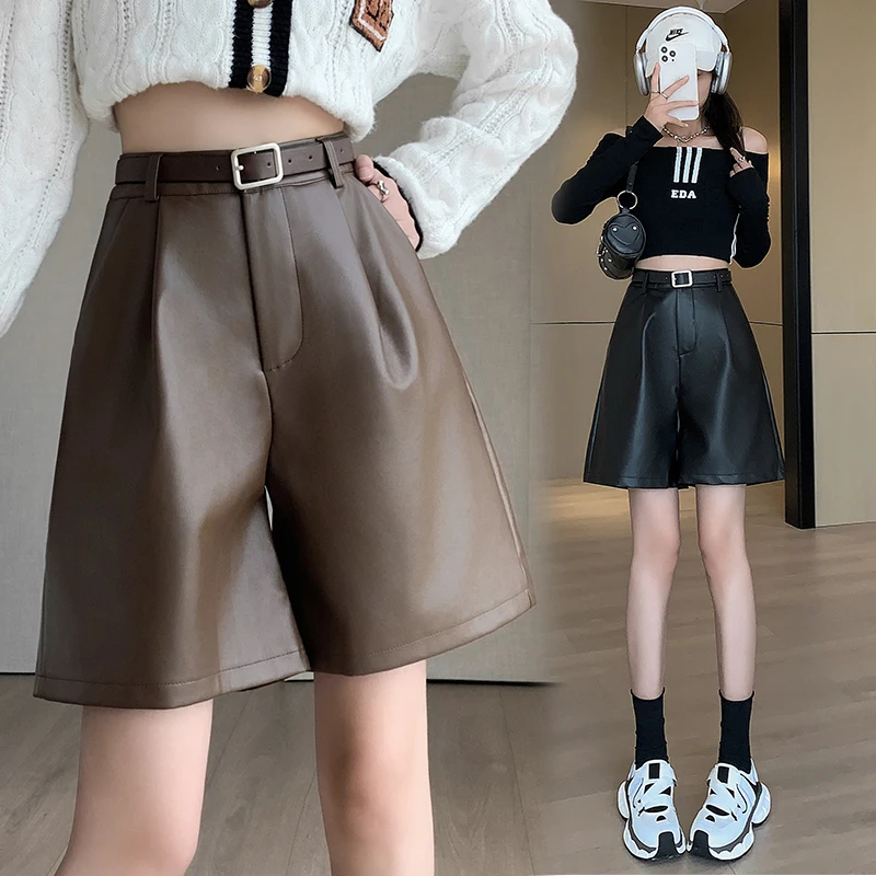 

Black leather pants for women in autumn and winter 2023 New PU leather pants A-line high waisted wide leg quarter pants straight