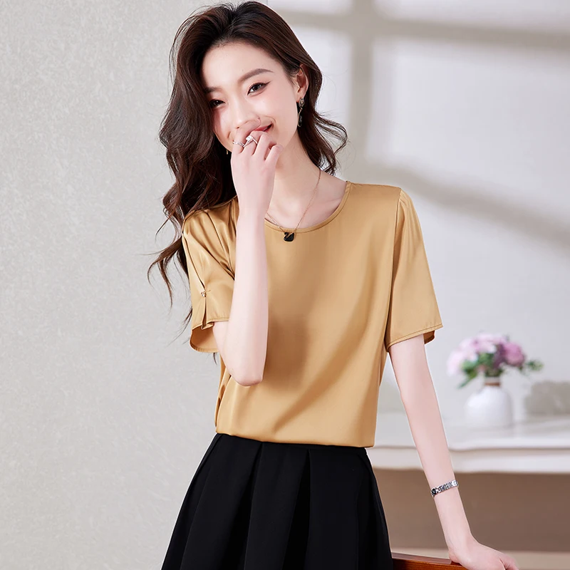 Silk Blouse Women Satin Elegant Blouses 2023 Fashion New Womens Tops Short Sleeve Shirt Solid Ladies Tops T-shirt OL Fold Shirts