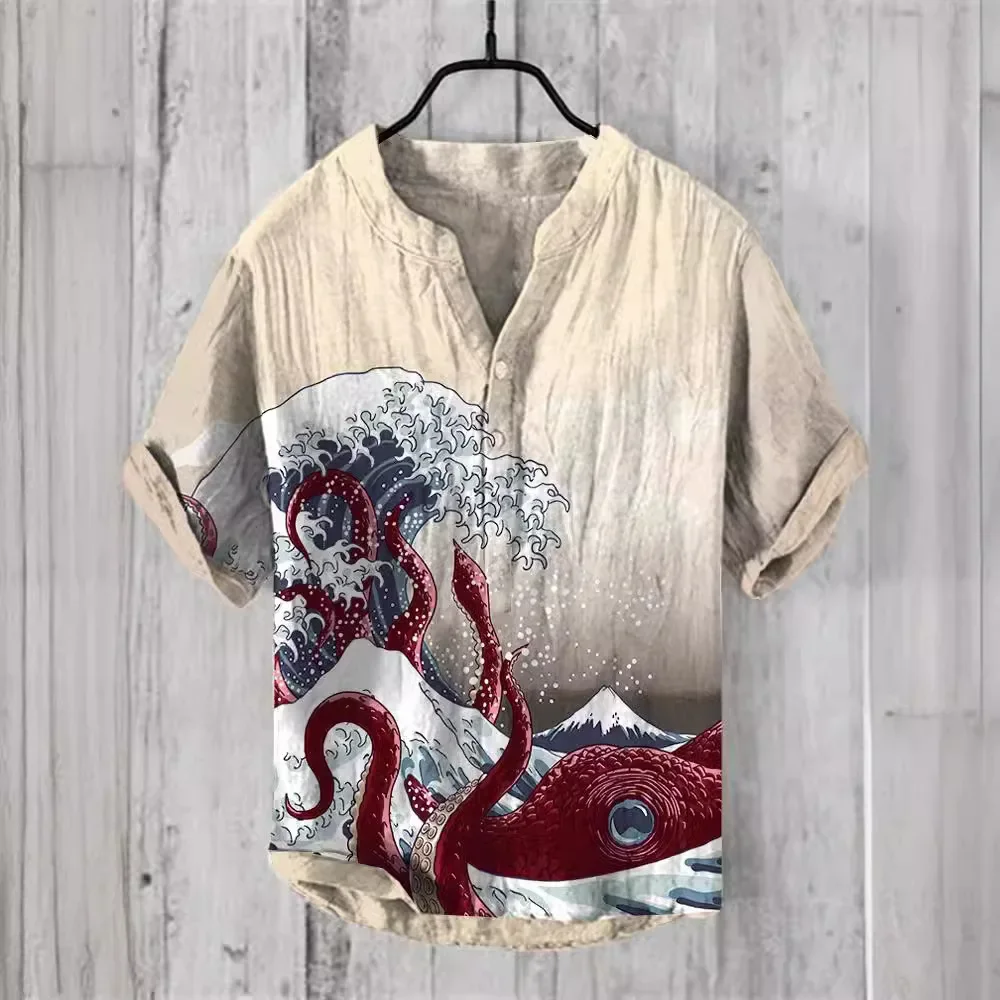 Camisa-de-manga-corta-con-cuello-en-V-y-estampado-de-ondas-camiseta ...