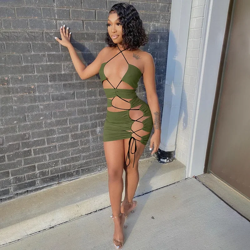 

Summer Mini Dress for Women Party Outwear Club Sexy Hollow Out Drawstring Lace Up Bodycon Night Birthday Backless Black Dresses
