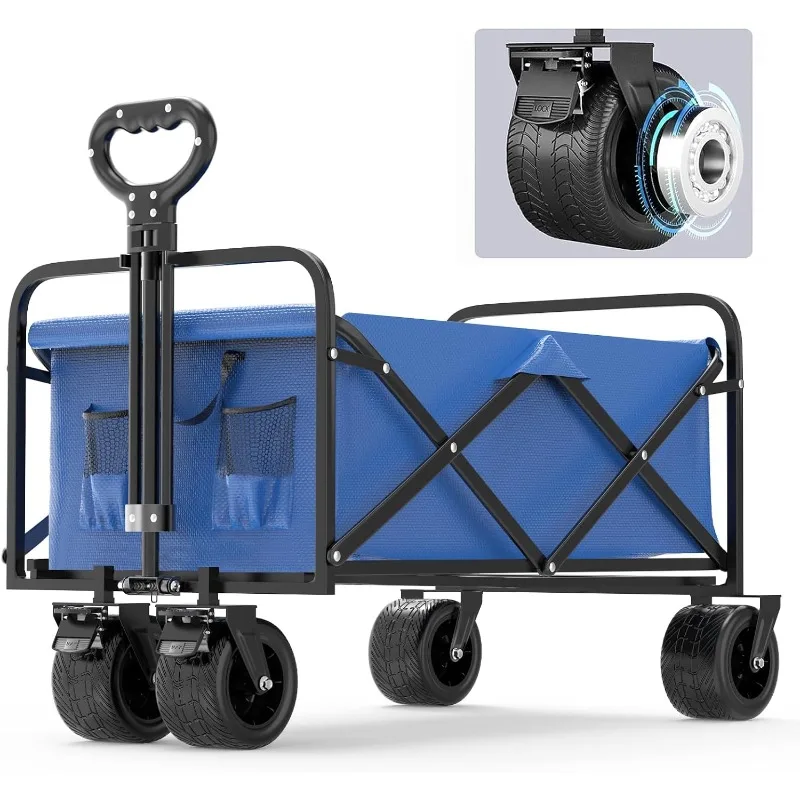 

Collapsible Folding Beach Wagon Heavy Duty, Load 420Lbs Foldable Wagon Cart with Dual Brakes and Beverage Cup Holders