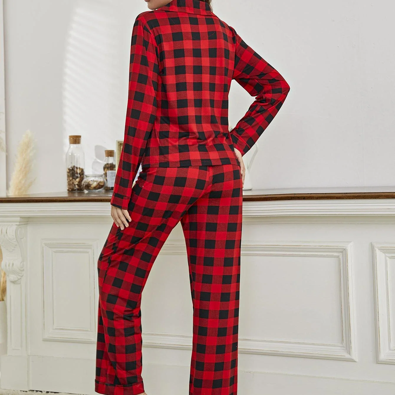 Autumn Women's Wear New Fashion Home Furnishings Red Plaid Cardigan Shirt Long Sleeve Pants Casual and Elegant Sleepwear Set