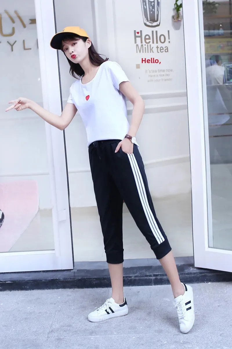 Casual Women's Running Fitness Tracksuit Pants White Horse Lift Bar Seven Point Pants Sporty Trendy Outerwear Fitness Wear