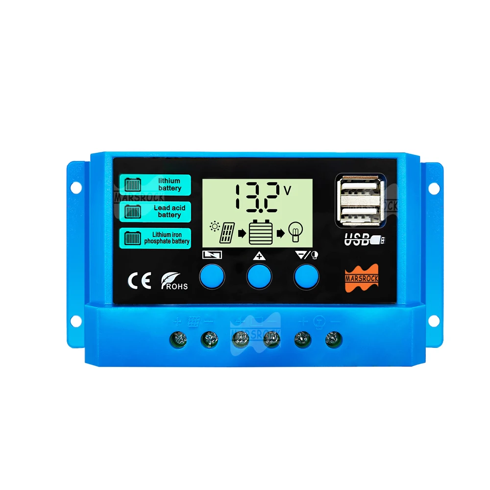 Controlador de Carga Solar com Display Lcd Painel Fotovoltaico Regulador de Tensão com Carregador Solar Pwm Usb Único 10a 12v 24v