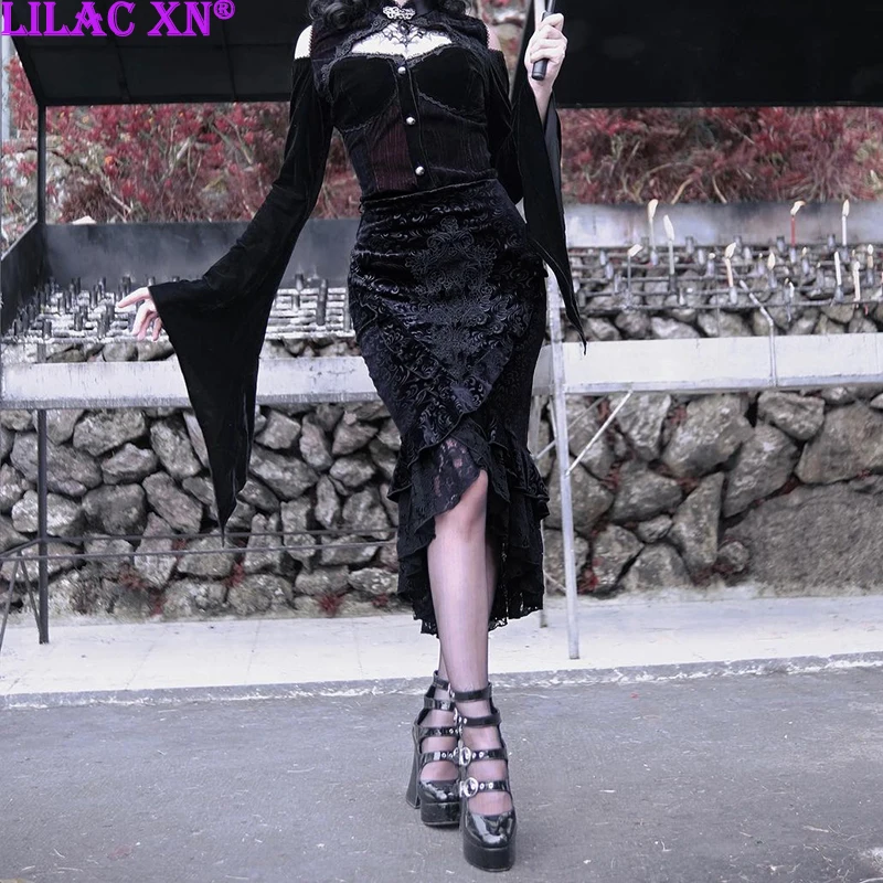 Goth Sexy Black Velvet Floral Lace Trim Mermaid Mini Skirt Y2K Vintage Elegant Bodycon Short Shirt Faldas Women Party Streetwear