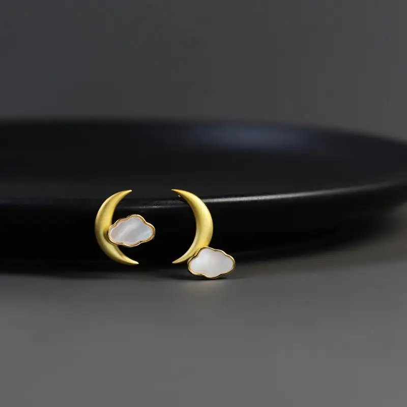 Silver Moon and Clouds Stud Earrings