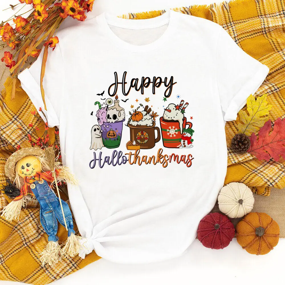 

Happy Hallo Thanksgiving Shirt Coffee Lover Tee Shirt Halloween Pumpkin Latte Pumpkin Spice T-Shirt Thanksgiving Shirts Outfits