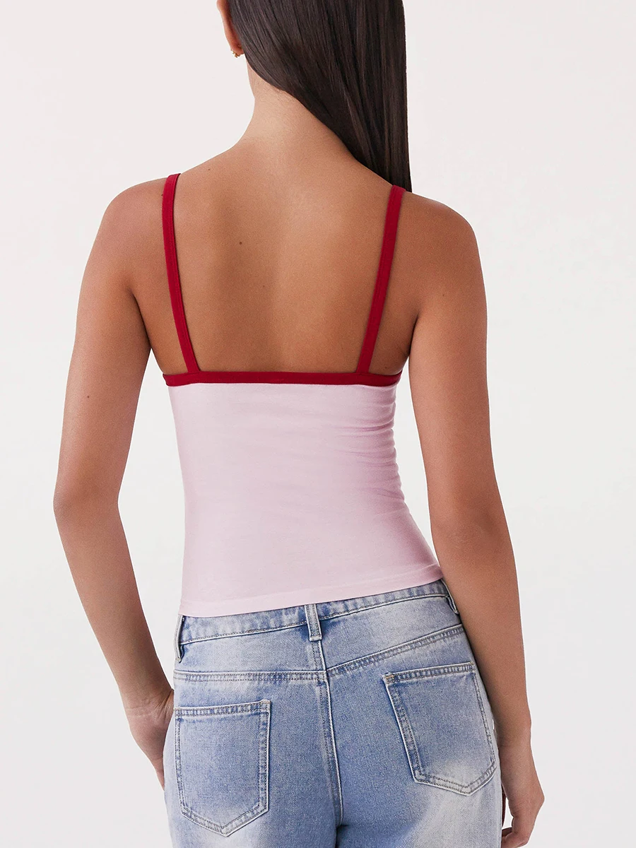 Ladies Sleeveless Camisole with Floral Print and Backless Design  Fit Crop Top with Scoop Neck and Contrast Trim