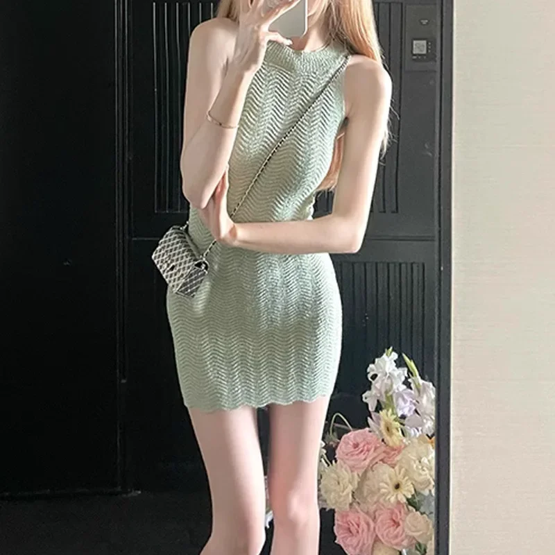 

Sleeveless Knitted Dress O-neck Korean Women Solid Mini Dresses Vintage Party Bodycon Sexy Dress Spring Summer Clubwear Thin