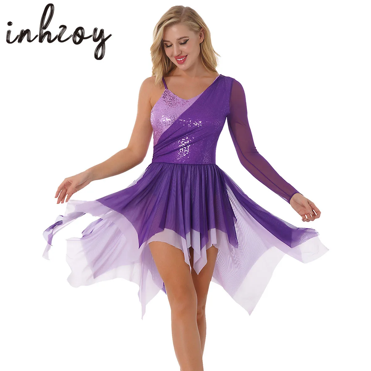 

Sequins One Shoulder Mesh Long Sleeve Figure Skating Dress Women Gymnastics Leotard Performance Competition Ballet Dancewear