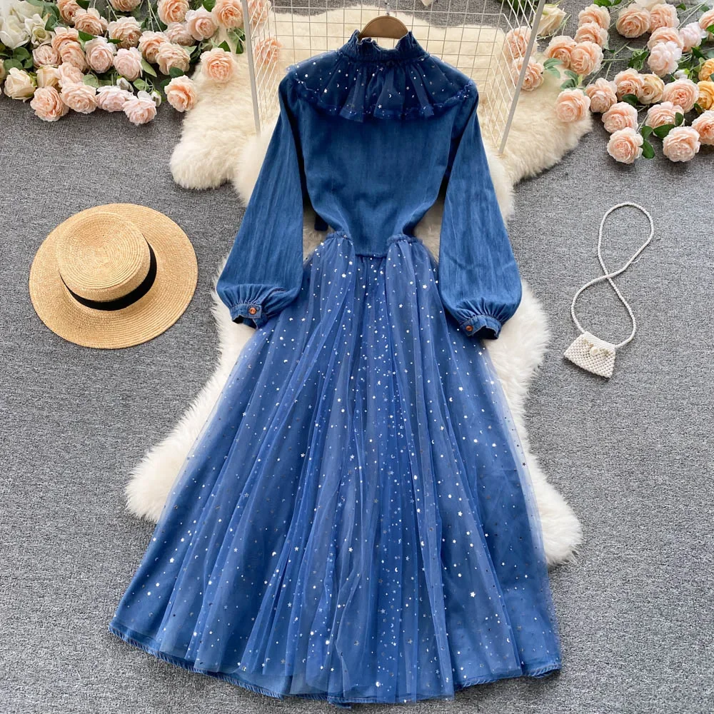 GIRLS WAIST ELASTIC EMBROIDERY HALF SLEEVE DENIM DRESS