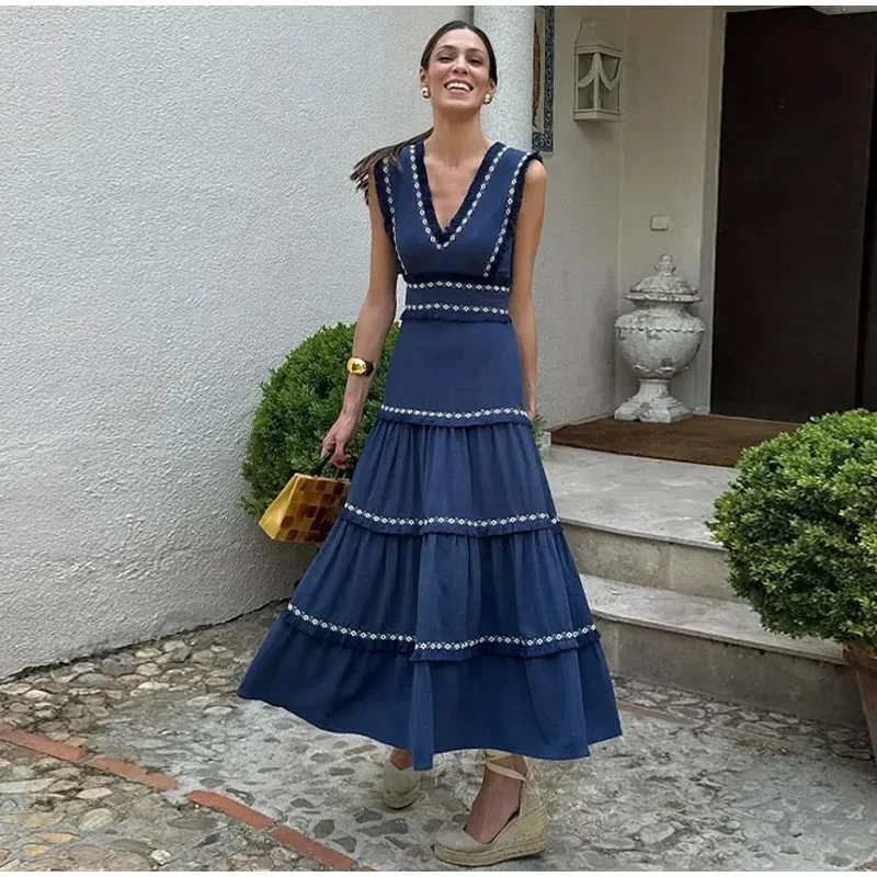 Chic Elegant Tassel Spliced Print Ruffles Long Dress Women Fashion V Neck Sleeveless A-line Robe Chic Lady Holiday Robe
