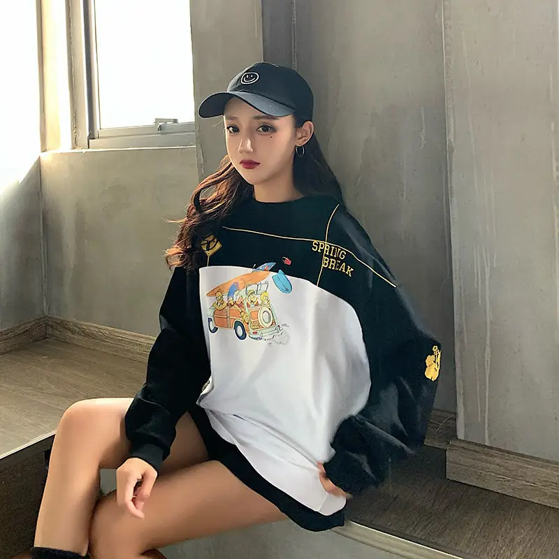 Fashion Printing Letter Cartoon Casual Sweatshirts Female Clothing 2023 Autumn Oversized All-match Pullovers Korean Sweatshirts