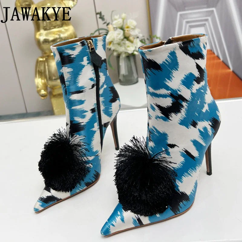 

Designer Brand Women's Camouflage Printed Boots Elegant Stiletto Heel Ankle Boots Side Zipper Pom-pom Formal Ladies Party Shoes