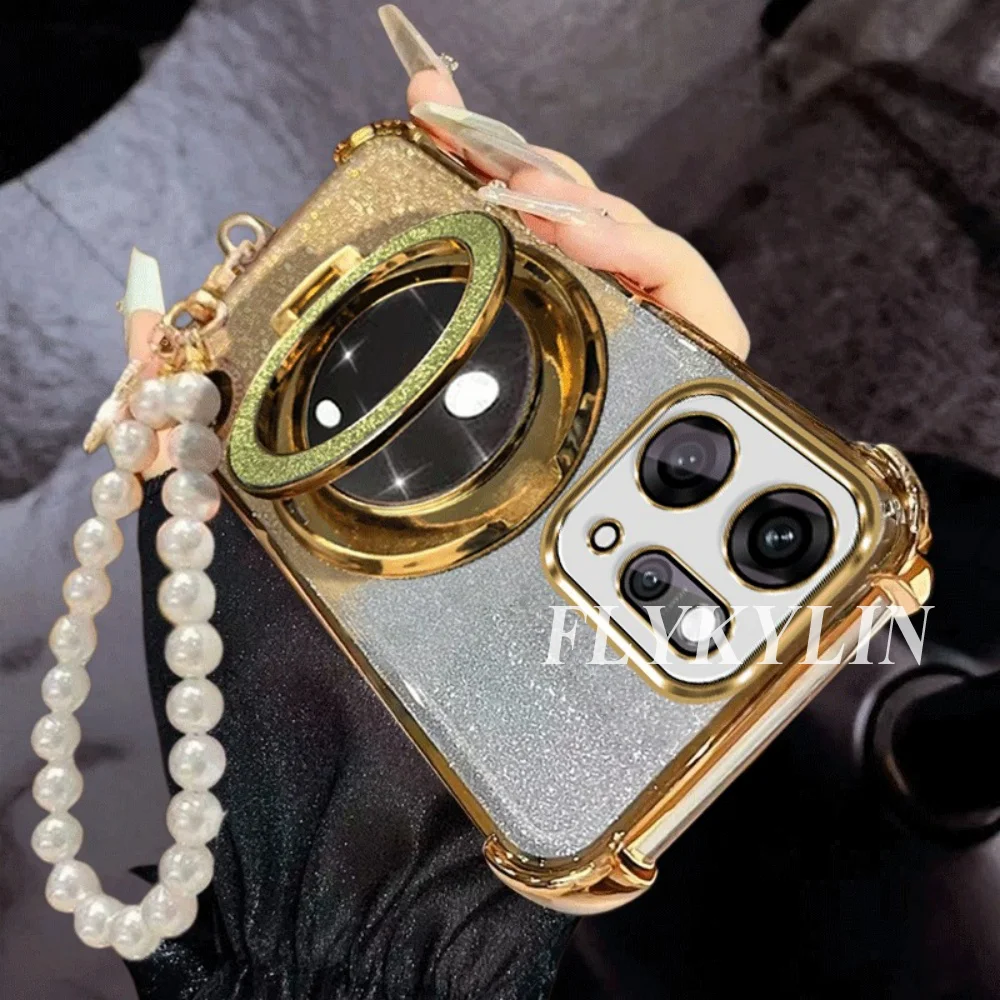 Enhanced Flashing Anti-Drop Phone Case with Makeup Mirror Holder and Pearl Chain