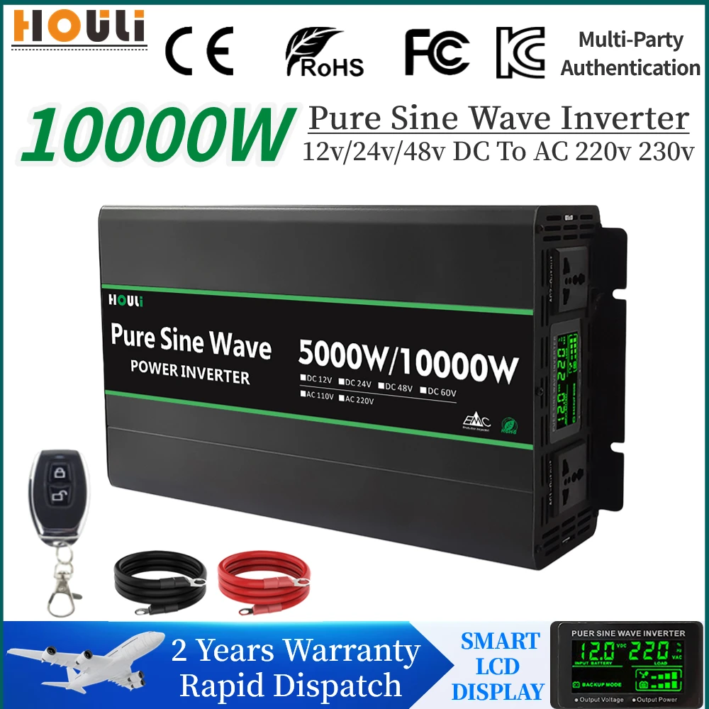 

Pure Sine Wave 10000W Inverter DC 12v 24v 48v to AC 220v 230v Voltage Power Converter Solar Transformer Car Inverter LCD Display