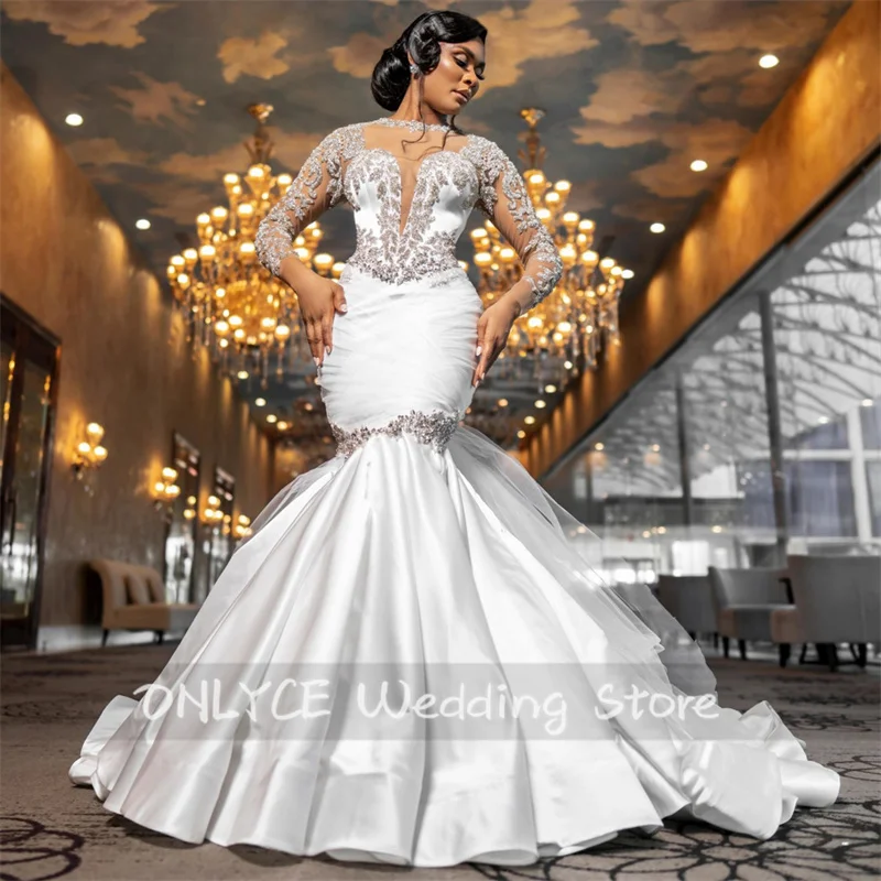 

Sparkly Mermaid Wedding Dresses 2024 Long Sleeves Glitter Beads Crystals Rhienstones African Bridal Gown For Bride Custom-Made