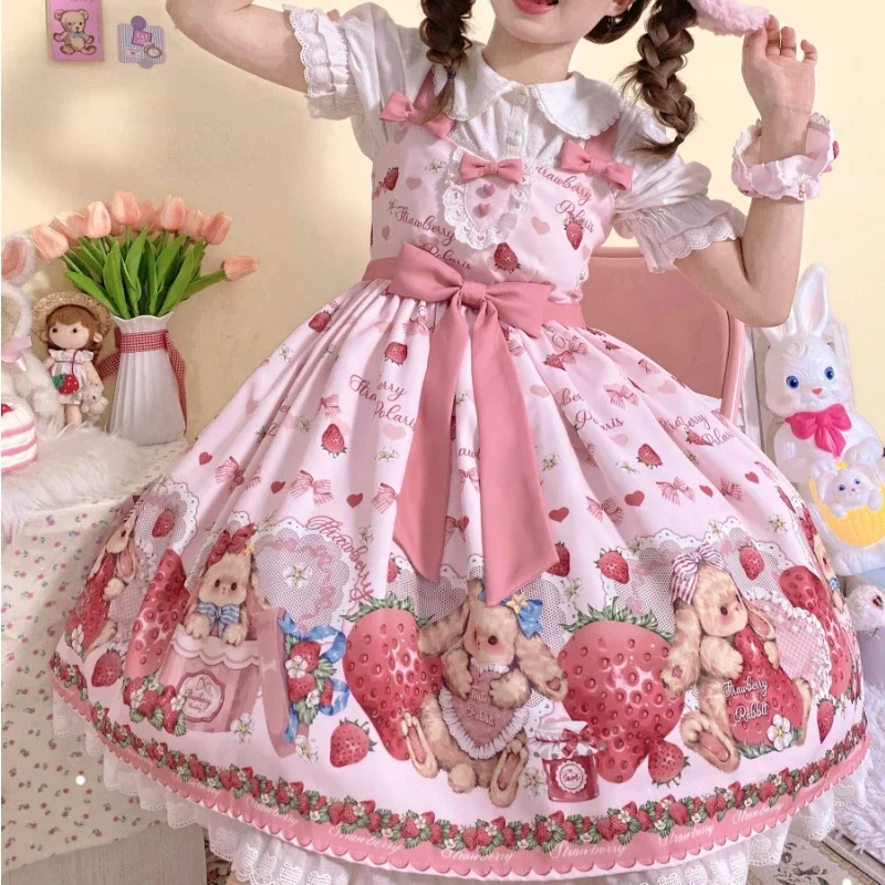 

Victorian Sweet Lolita Jsk Dress Strawberry Cartoon Cute Rabbit Print Suspenders Dress Japanese Summer Girl Kawaii Party Dresses