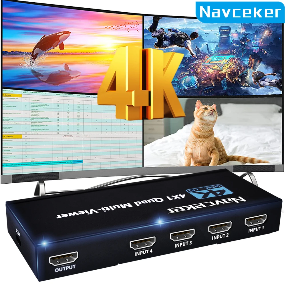 Navceker Kvm Multiviewer Compatibile Con Hdmi 4K 4 In 1 Out 1080P Quad Screen Multi Viewer Hdmi Multi-Viewer Interruttore Senza Cuciture Con Ir