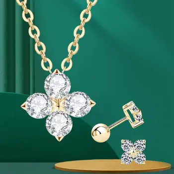 Lnngy Lucky Flower Moissanite Earring Necklace 925 Sterling Silver Four Leaf Clover Jewelry Set For Lovers' Couples Gift 1