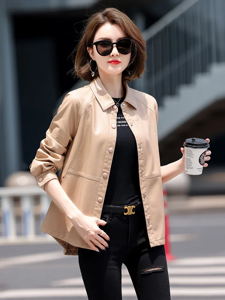 New Women Leather Jacket Spring Autumn Fashion Casual Shirt Style Split Leather Outerwear Loose Long Sleeve Sheepskin Tops Coat