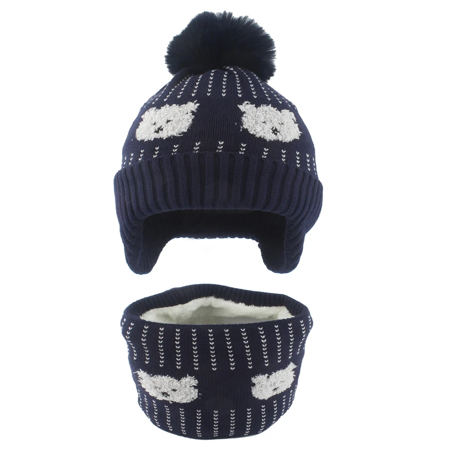 Baby Hat Scraf Set Cartoon Cute Bear Pompom Winter Softt Fleece lining Earflap Cap Children Outdoor Warm Knitted Beanies Kids