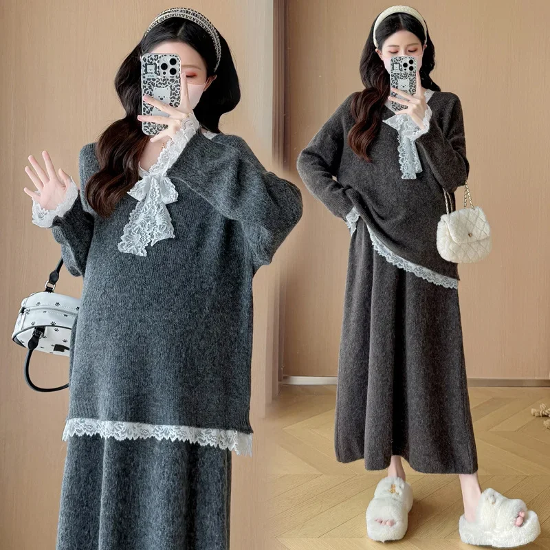 Fashionable Autumn/Winter Maternity Suit Plus Size Elegant Trendy Sweater Cardigan+Skirt 2-piece Set For Pregnant Women