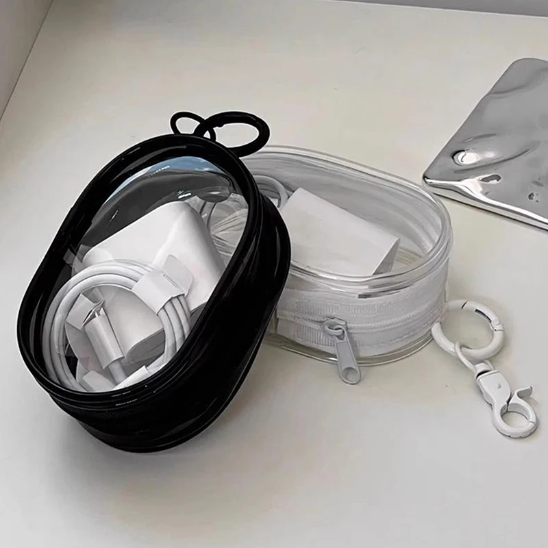 Black White Oval PVC Transparent Cosmetic Bag Organizer Doll Display Bag Portable Earphone Coin Data Cable Charger Storage Pouch storage bag