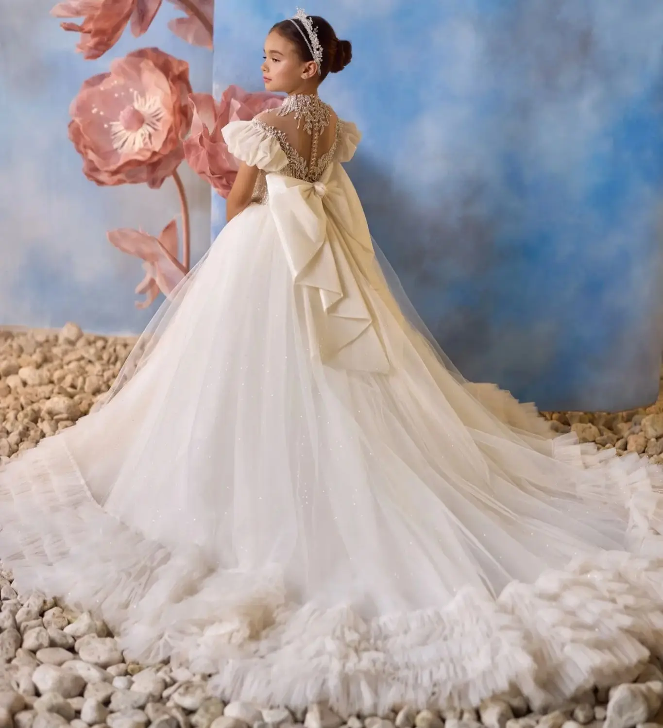 Customized Ivory Flower Girl Dress For Wedding Floor Length With Bow Short Sleeves Kid Birthday Party First Communion Ball Gown 2