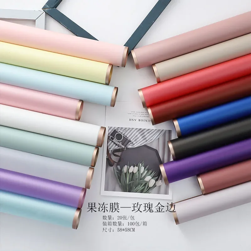 20pcs Golden Line Frame Paper Flower Wrap Halfclear Film Gold edge Bouquet Frost Matte Pack Paper Florist Gift Packing Papers craft paper flower wrapping paper gift wrapping paper
