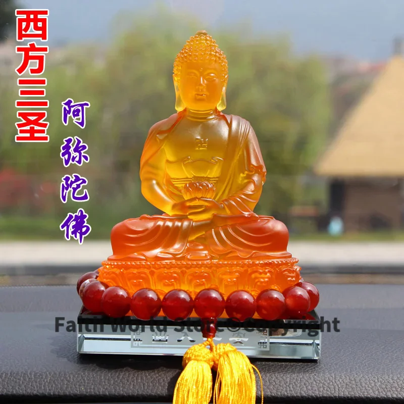 

17cm tall -HOME Office CAR Spiritual safe protection Bless family # Greco-Buddhist yellow crystal Lotus Buddha FENG SHUI statue