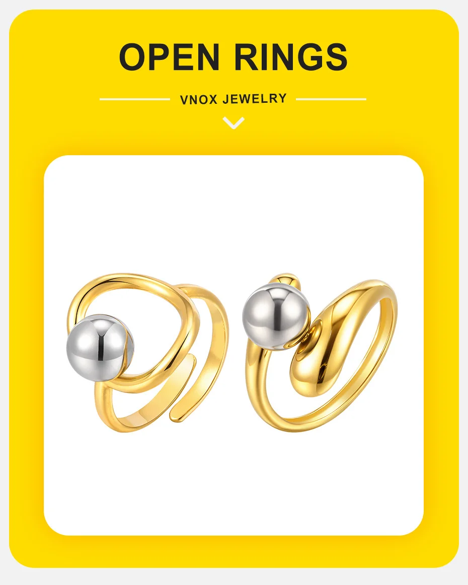Vnox Kugelringe aus Edelstahl mit gemischten Perlen, einfacher offener Ring mit 18-Karat-Vergoldung, Damen-Fingerschmuck-Geschenke – Detail 1