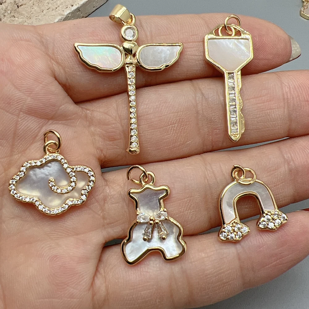 

Fashion Metal Crystal Zircon Cloud Bear Bracelet Charms Natural Sea Shell Dragonfly Necklace Pendants For Jewelry Making