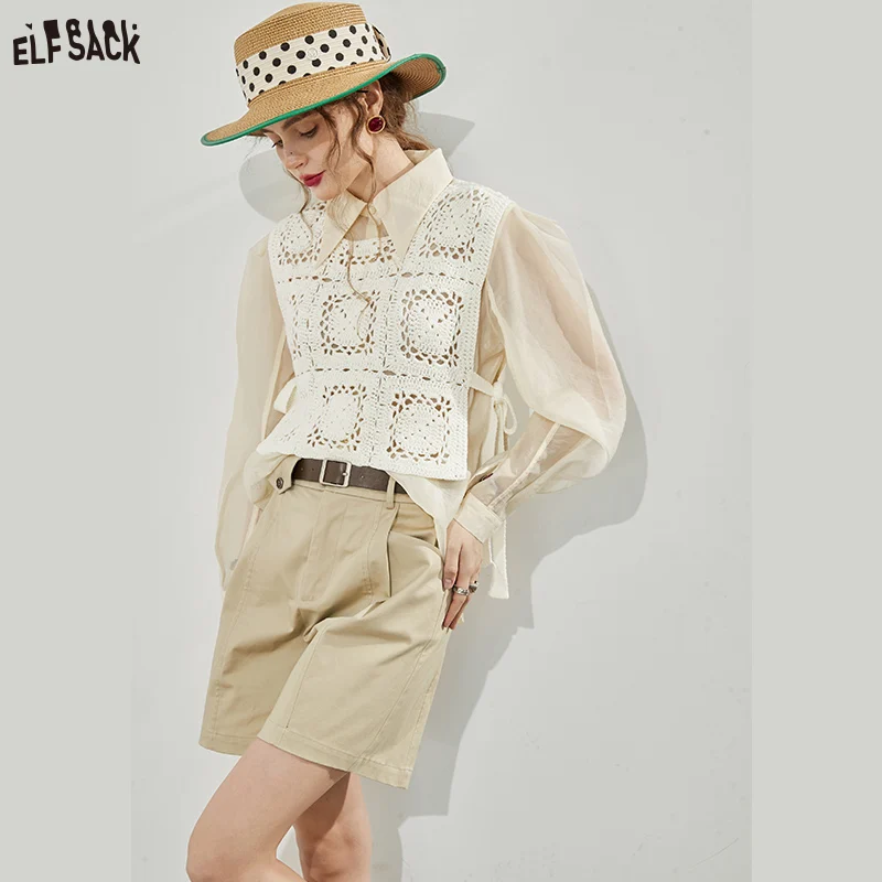 

ELFSACK Two Pieces Hollowed Out Vest and Long Sleeve Blouses Women 2023 Spring Basic Tops
