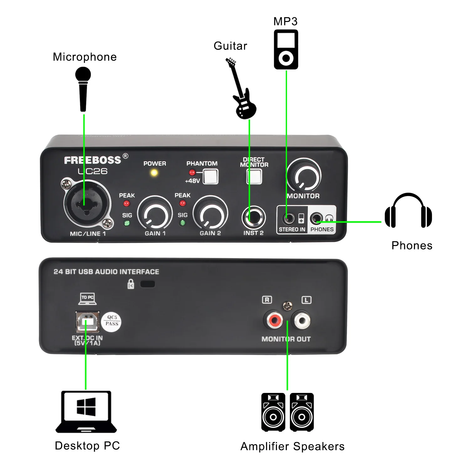 Freeboss 외부 Usb 사운드 카드 24Bit 48KHz ASIO4ALL 컴퓨터 녹음 스튜디오 기타 48V XLR 오디오 인터페이스 미니 UC26