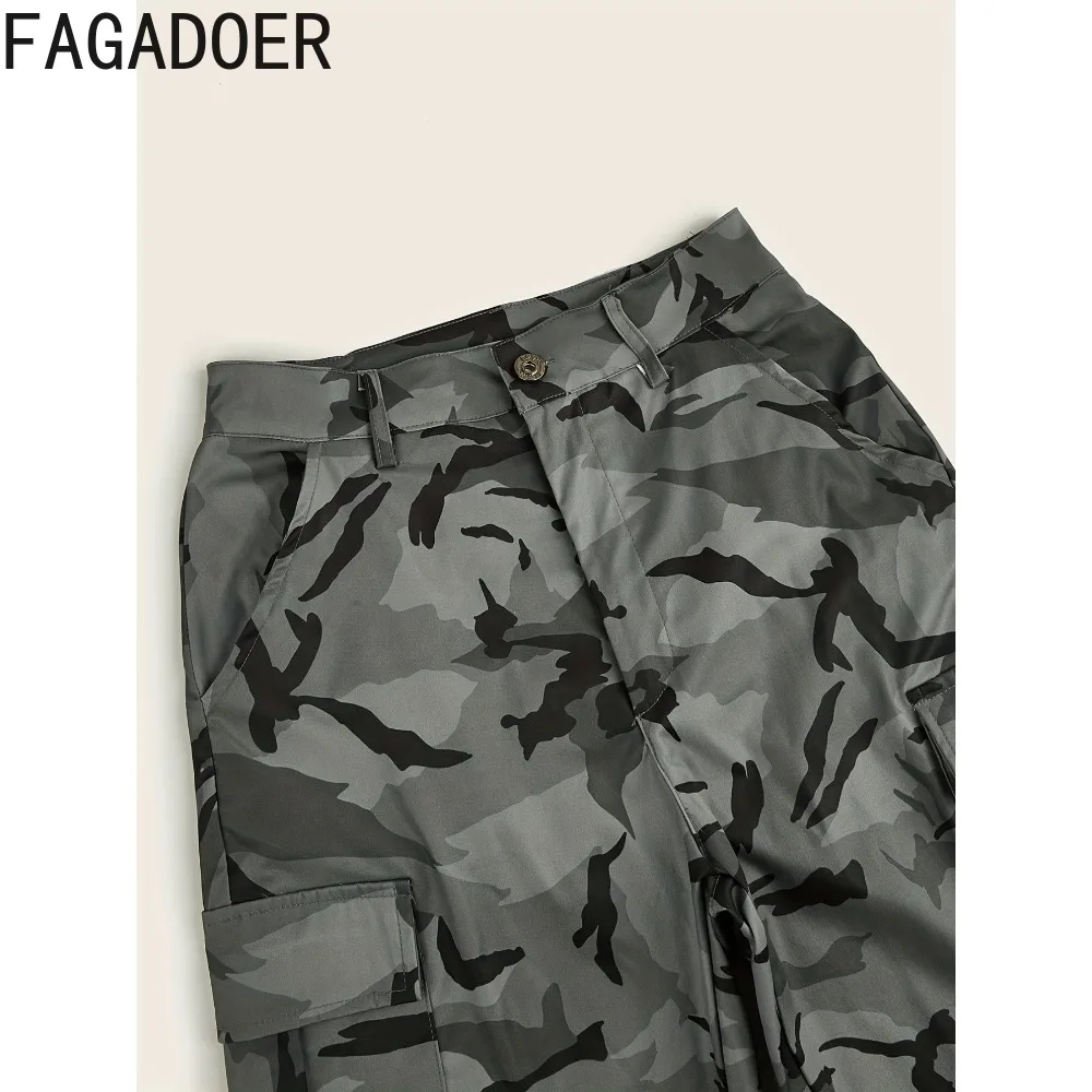 FAGADOER Gray Spring New Camouflage Printing Cargo Pants Women High Waist Button Pocket Sporty Jogger Pants Female Bottoms 2024