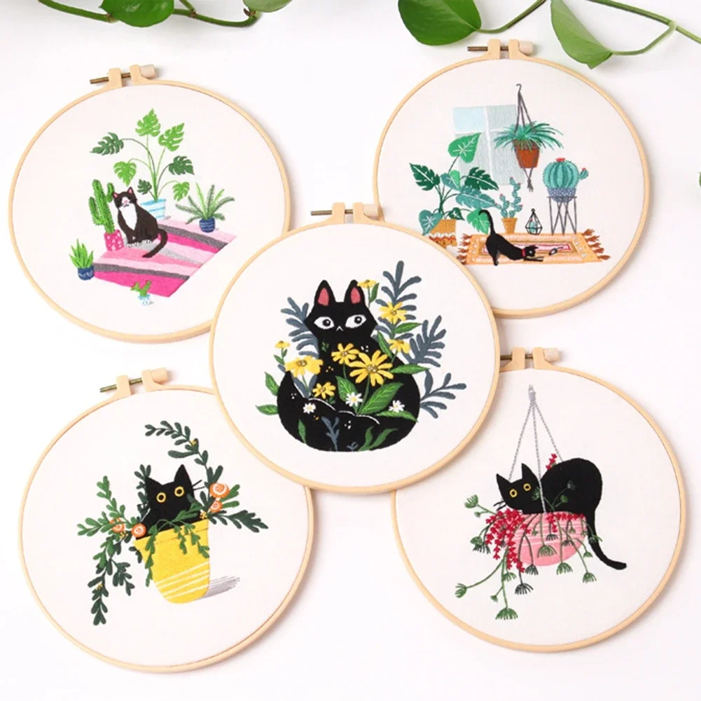 Cross Stitch Needlework Beginners Embroidery Set Flowers Plants Cat 1