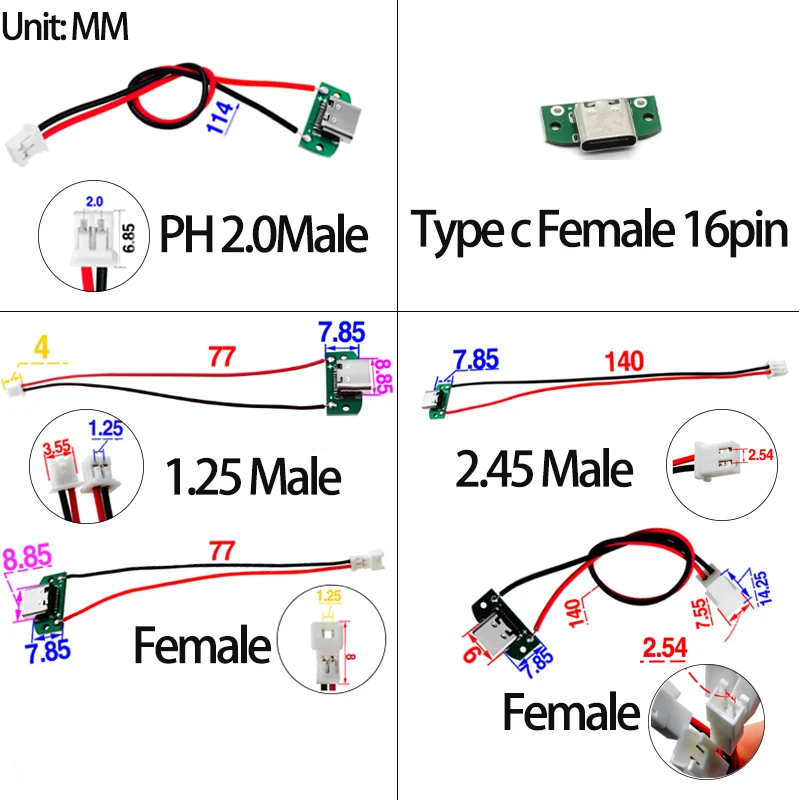 1/2/5PCS Typec 여성용 16핀 커넥터(1.25/2.0/2.54 와이어 포함) USB 남성용 플러그 전기 터미널 용접 DIY 충전 케이블 PCB 보드