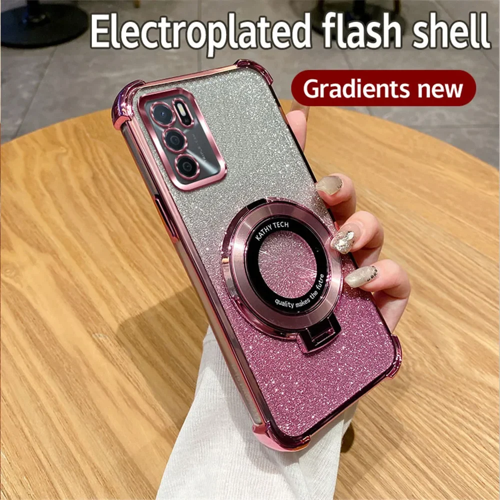 Glitter Shockproof Plating Phone Case with Bracket and Soft Stand Cover