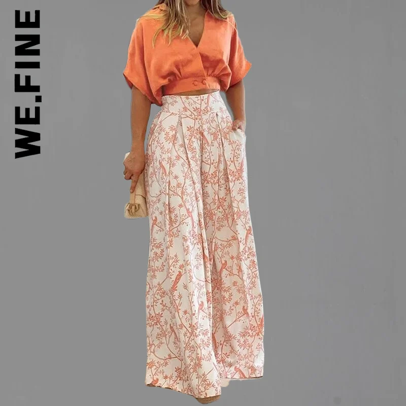 

We.Fine 2022 Summer Womens Elgant Floral Print Wide Leg Pant High Streetwear Two Piece Sets Sexy Mid Sleeve Shirt Outfits