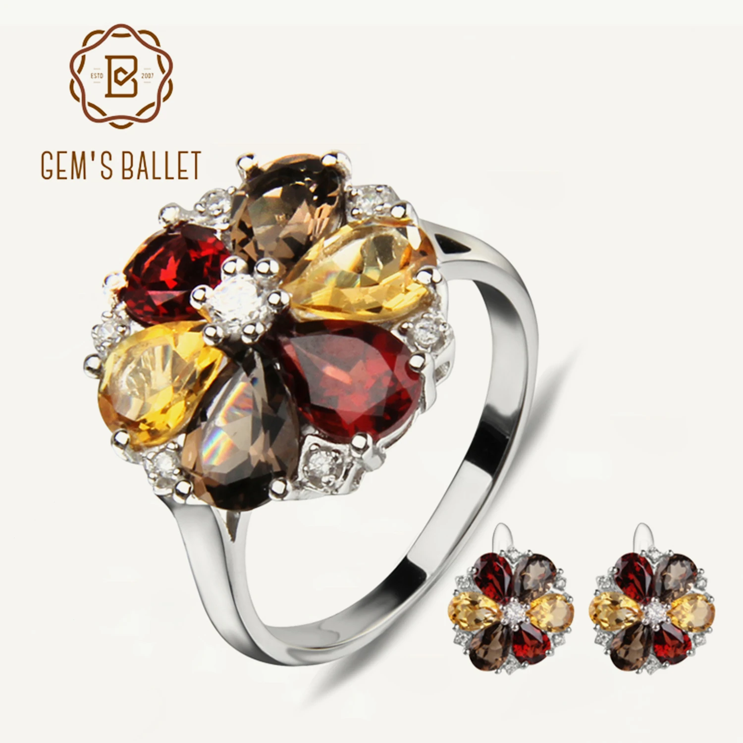 

GEM'S BALLET Natural Garnet Smoky Quartz Citrine Mixed Gem Jewelry Set 925 Sterling Silver Flowers Earrings Rings for Women Gift