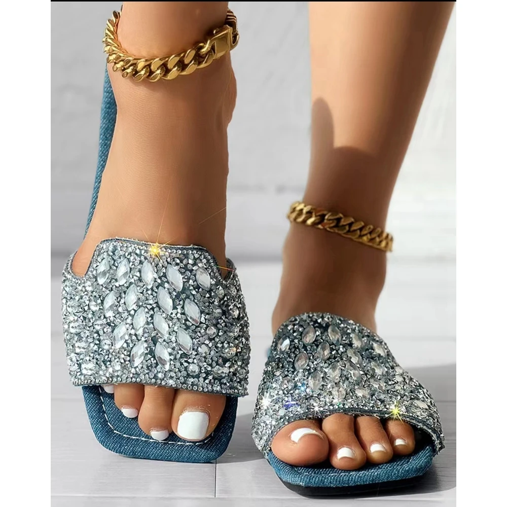 Summer Casual Women Rhinestone Denim Design Outdoor Slippers Wide Strap Beach Flats Sandals Shoes Going Out Summer Shoes