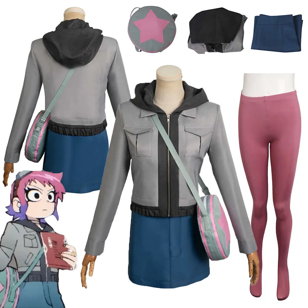 Scott Pilgrim Decolla Ramona Flowers Costume Cosplay Donna Roleplay Fantasia Felpa Con Cappuccio Gonna Borsa Halloween Party Travestimento Vestito