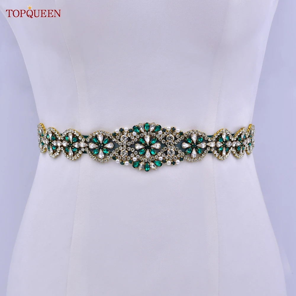 TOPQUEEN S161-KL New Bridal Wedding Dress Belt for Women Gold Handmade Luxury Sash Accessories Daily Party Gown Green Rhinestone