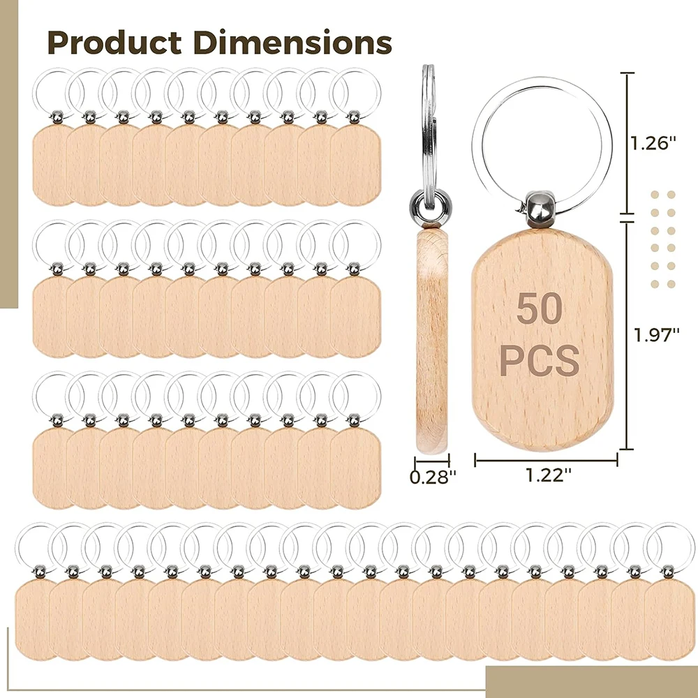 50pcs Blank Wood Keychains for Personalized Crafts Unfinished Rectangular Wood Key Tag Blanks DIY Key Chains