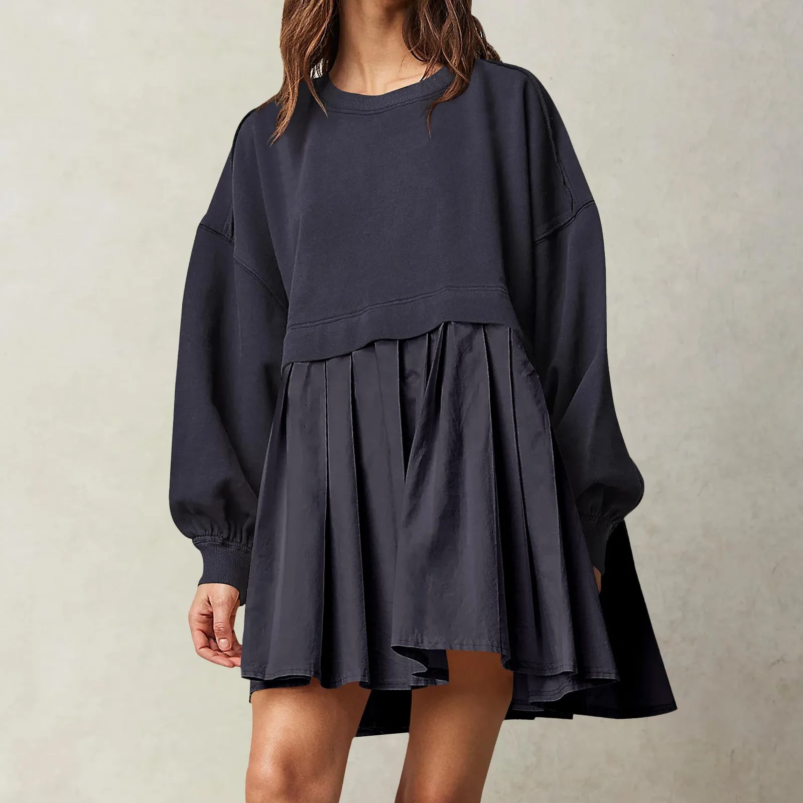 

Womens Dress Oversized Sweatshirt Dress Long Sleeve Crewneck Pullover Dress Casual Solid Japanese Style Mini Dress Vestido Robe