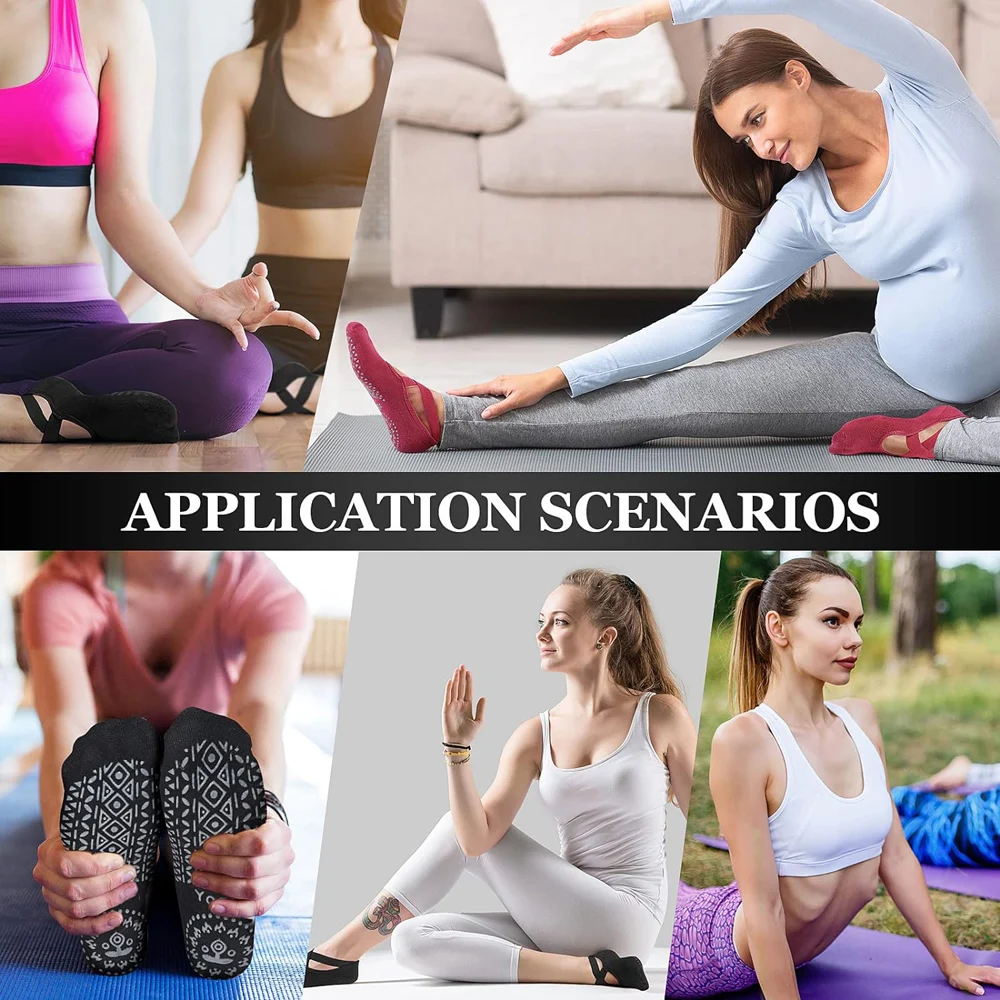 Women's Non-Slip Yoga & Dance Socks with Straps - Pack of 6 Pairs