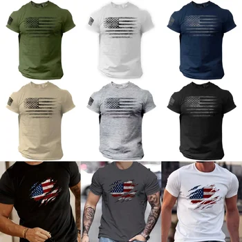 Retro Men's T-Shirt Gym American Flag Print Casual Crew Neck Short Sleeve Top Outdoor Loose-Fit Sweatshirt Streetwear Pullover 1