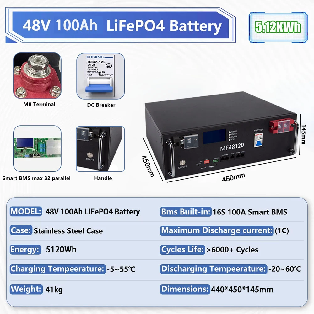 Rechargeable Battery LiFePO4 48V 100Ah Battery Pack 5kwh Built-in 16S 100A BMS RS485 lithium 48v 100ah battery CAN Cell Pack For Solar Syst